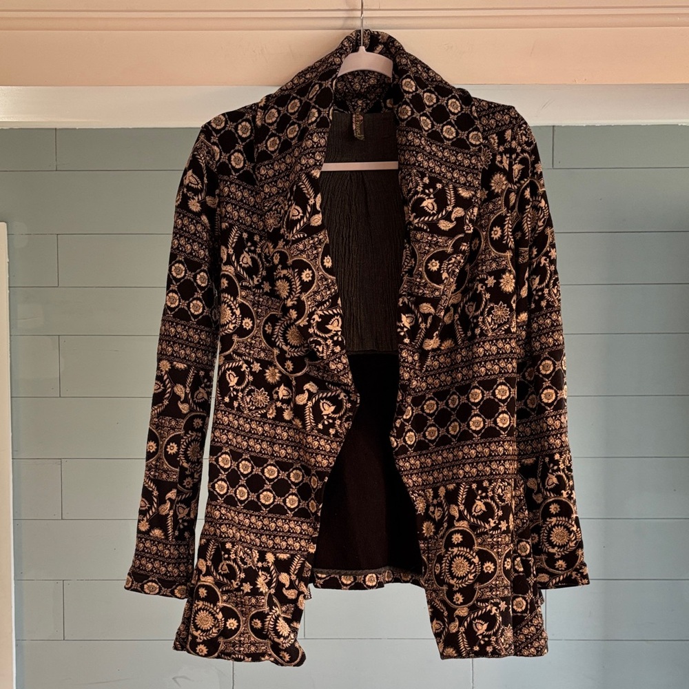 Free People Black and Cream Printed Open-Front Blazer